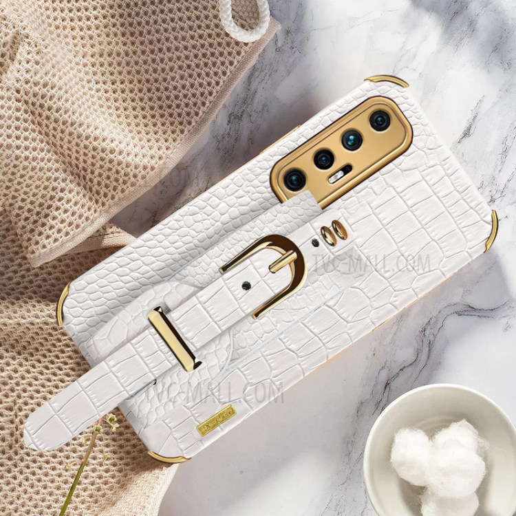 Electroplated 6D Crocodile Texture PU Leather + TPU Phone Case with Wrist Strap for Xiaomi Mi 10S - White-12