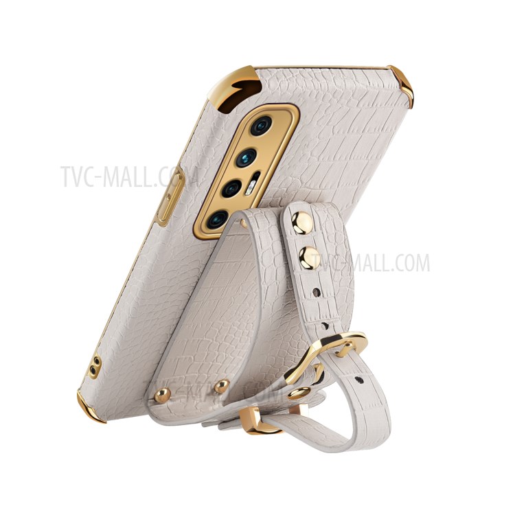 Electroplated 6D Crocodile Texture PU Leather + TPU Phone Case with Wrist Strap for Xiaomi Mi 10S - White-3