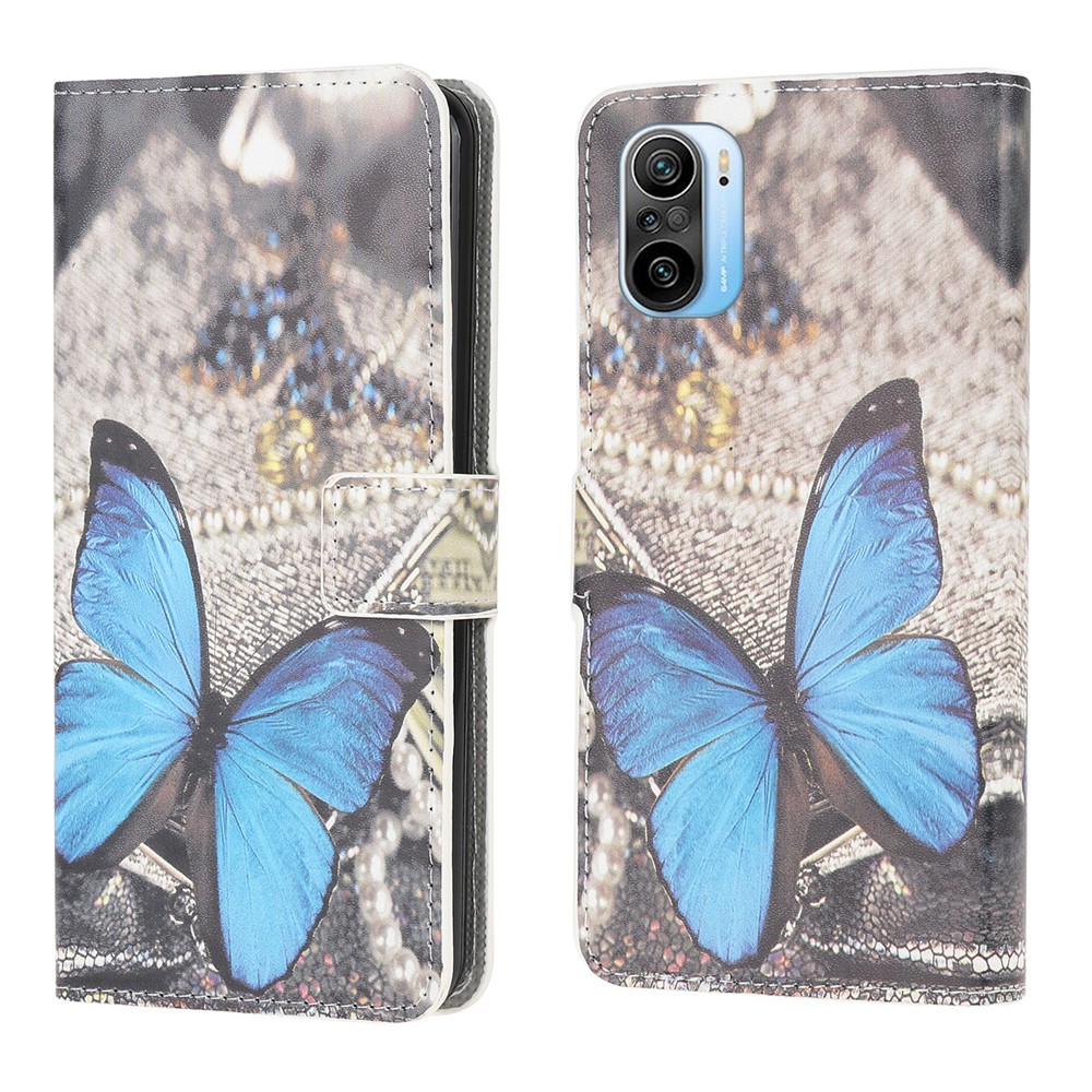 Wallet Design Leather Phone Stand Protective Case with Pattern Printing for Xiaomi Poco F3/Redmi K40/Redmi K40 Pro - Blue Butterfly-1