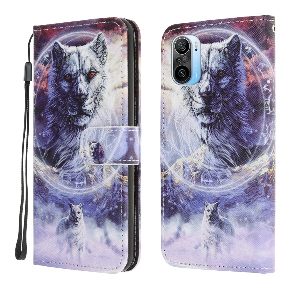 Wallet Stand Design Cross Texture Leather Case Shell with 3D Pattern Printing for Xiaomi Poco F3/Redmi K40/Redmi K40 Pro - Wolf-1