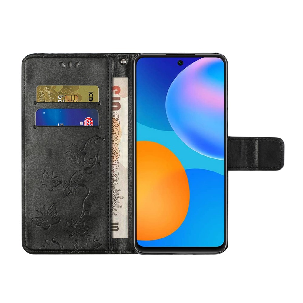 Inside and Outside Butterfly Flowers Imprint Leather Wallet Phone Cover for Xiaomi Redmi Note 10 Pro/Note 10 Pro Max - Black-4