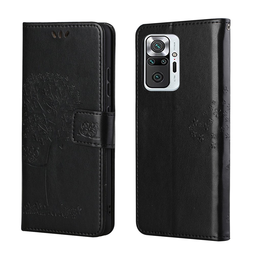 Wallet Design Inside and Outside Tree Owl Pattern Imprint Leather Stylish Case for Xiaomi Redmi Note 10 Pro/Note 10 Pro Max - Black-1