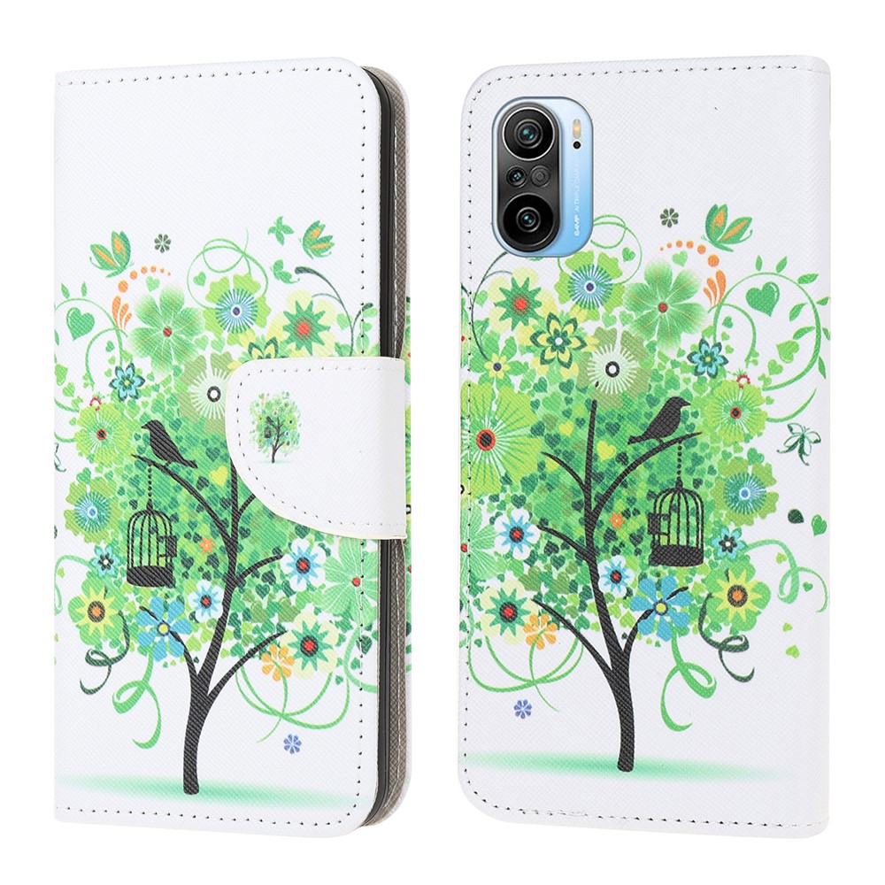 Wallet Design Pattern Printing Cross Texture Leather Phone Case for Xiaomi Poco F3/Redmi K40/Redmi K40 Pro - Green Tree-1