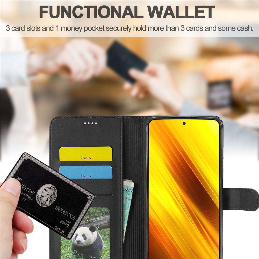 LC.IMEEKE Wallet Stand Leather Shell Phone Cover Case for Xiaomi Poco X3 NFC / Xiaomi Poco X3 - Black-3