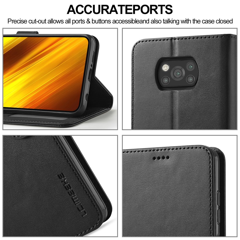 LC.IMEEKE Wallet Stand Leather Shell Phone Cover Case for Xiaomi Poco X3 NFC / Xiaomi Poco X3 - Black-4