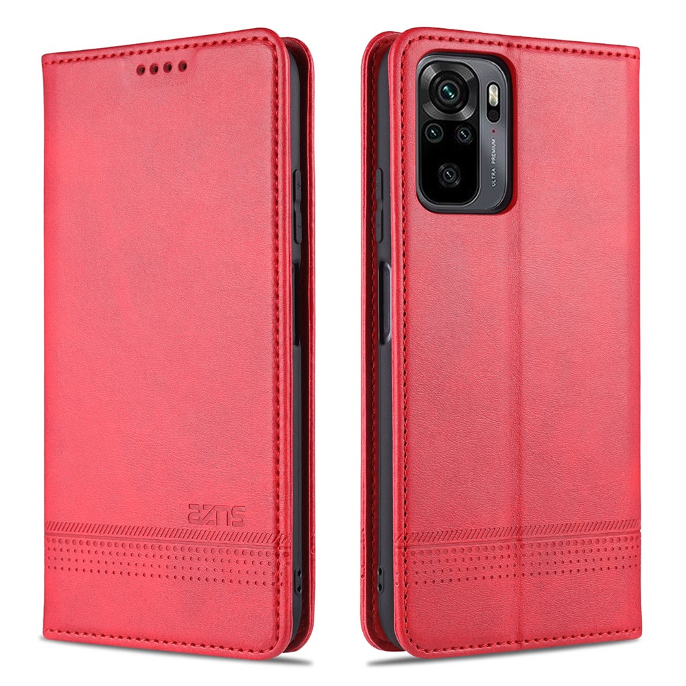 AZNS Auto-absorbed Magnetic Stand Wallet Leather Phone Shell Case for Xiaomi Redmi Note 10 4G / Redmi Note 10S - Red-1