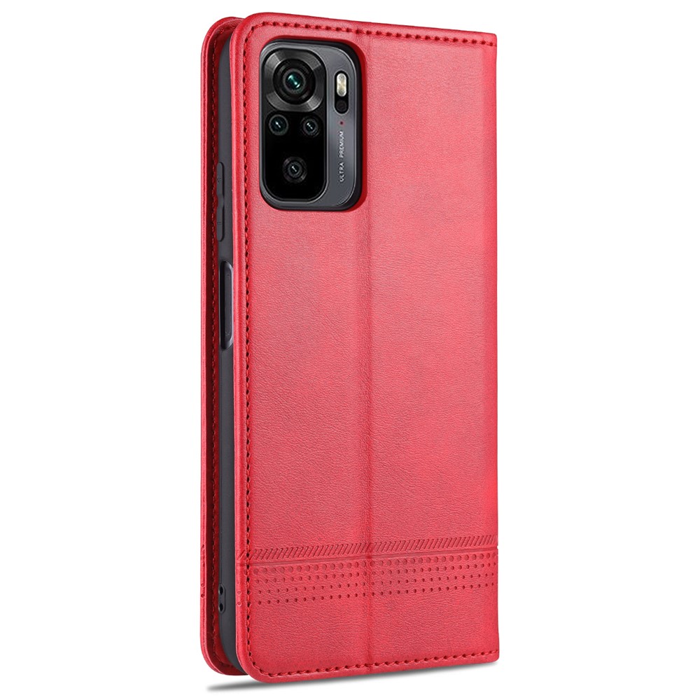 AZNS Auto-absorbed Magnetic Stand Wallet Leather Phone Shell Case for Xiaomi Redmi Note 10 4G / Redmi Note 10S - Red-3