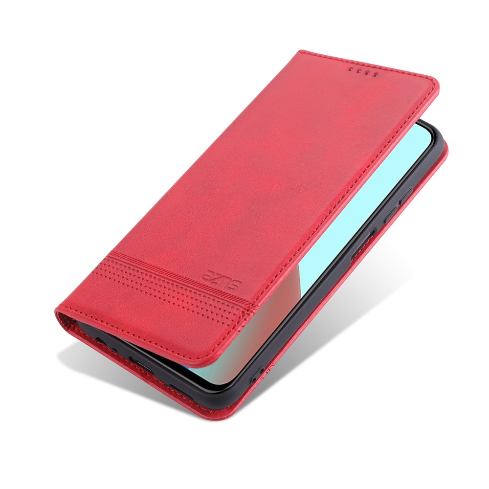 AZNS Auto-absorbed Magnetic Stand Wallet Leather Phone Shell Case for Xiaomi Redmi Note 10 4G / Redmi Note 10S - Red-4