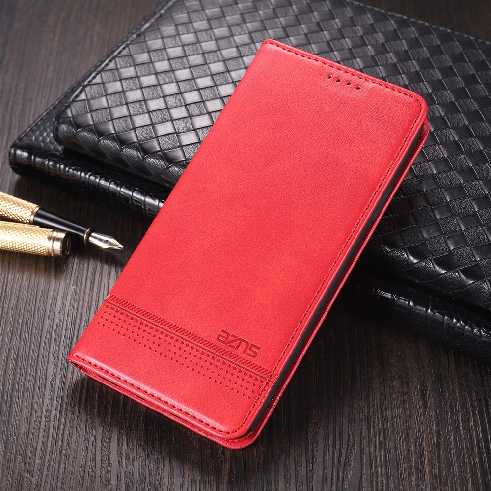 AZNS Auto-absorbed Magnetic Stand Wallet Leather Phone Shell Case for Xiaomi Redmi Note 10 4G / Redmi Note 10S - Red-5