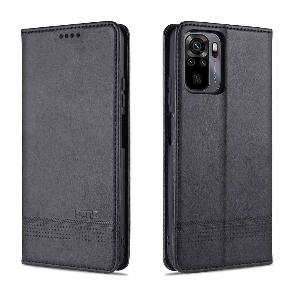 AZNS Auto-absorbed Magnetic Stand Wallet Leather Phone Shell Case for Xiaomi Redmi Note 10 4G / Redmi Note 10S - Black-1