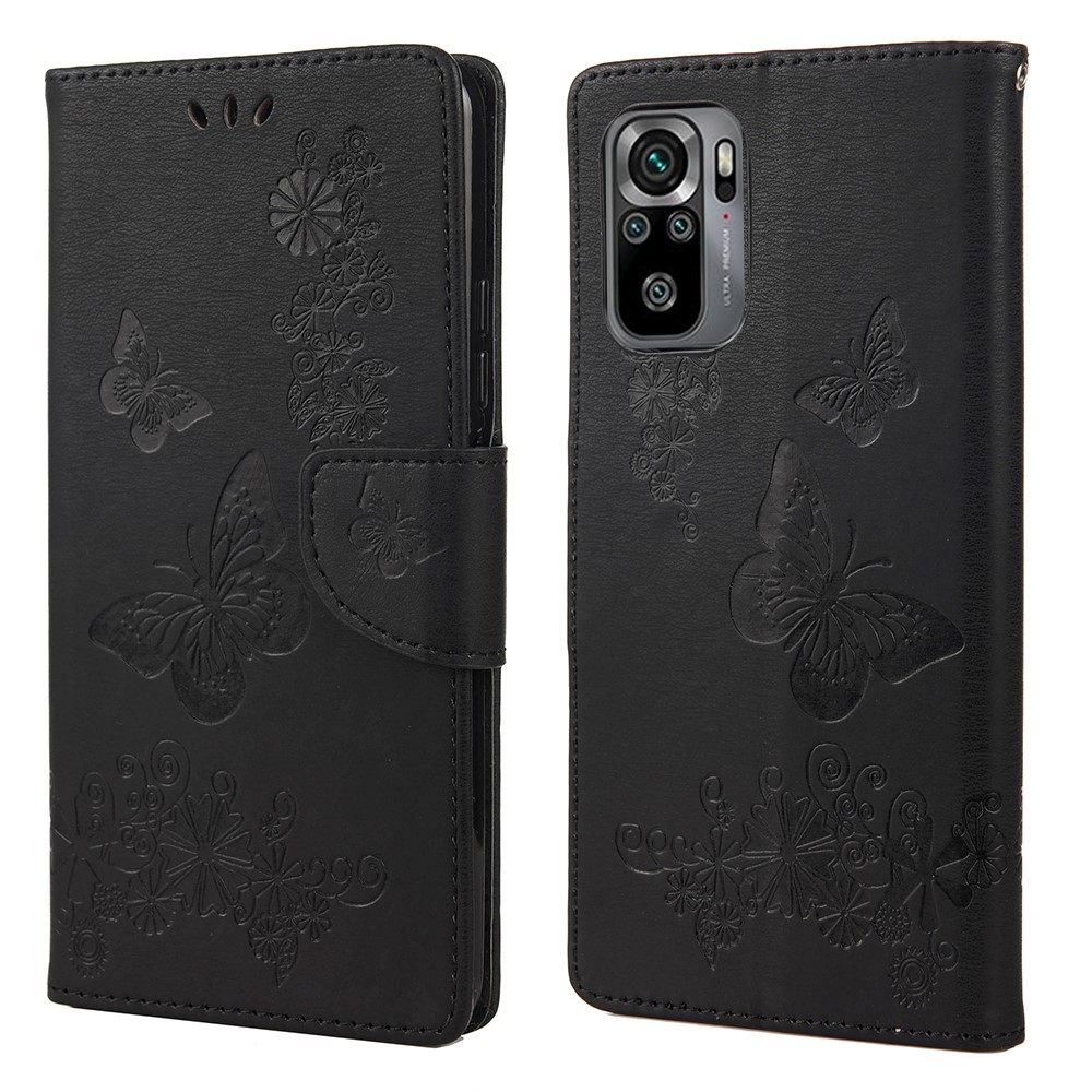 Imprinted Butterflies Flower Leather Wallet Stand Case for Xiaomi Redmi Note 10 4G / Note 10S - Black-1