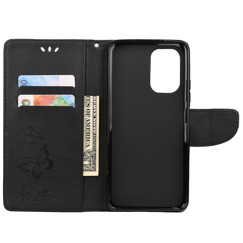 Imprinted Butterflies Flower Leather Wallet Stand Case for Xiaomi Redmi Note 10 4G / Note 10S - Black-4