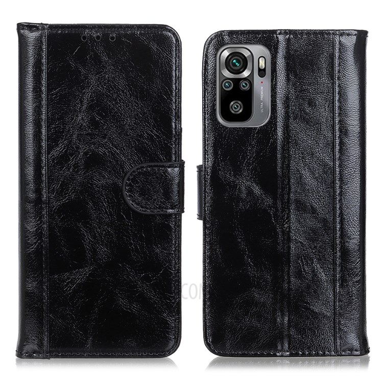 Dual Line Wallet Stand Crazy Horse Split Leather Phone Case Cover for Xiaomi Redmi Note 10 4G / Redmi Note 10S - Black-1