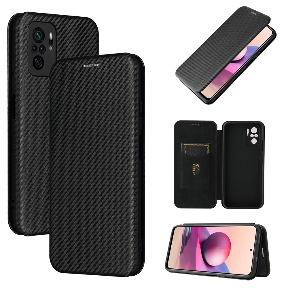 Auto-absorbed Stand Carbon Fiber Texture Leather Shell Cover for Xiaomi Redmi Note 10 4G / Note 10S - Black-12