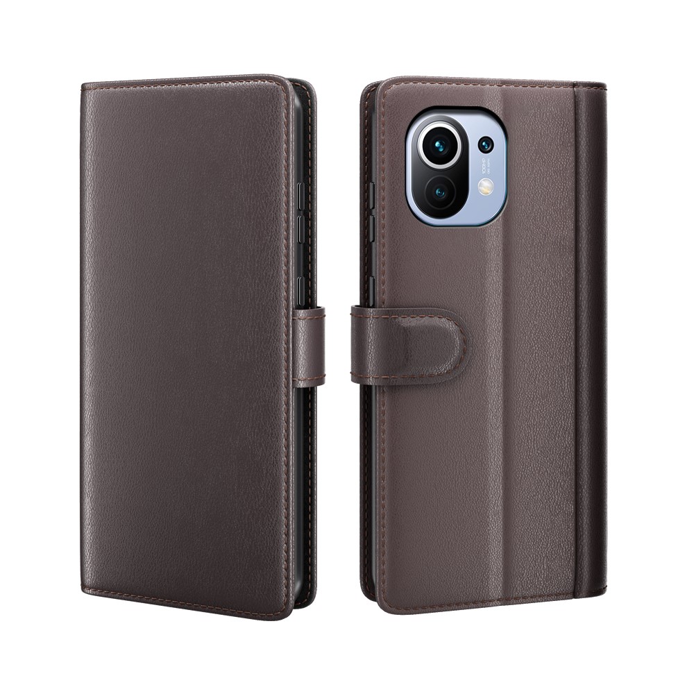 Genuine Leather Phone Wallet Stand Case Shell for Xiaomi Mi 11 - Brown-1