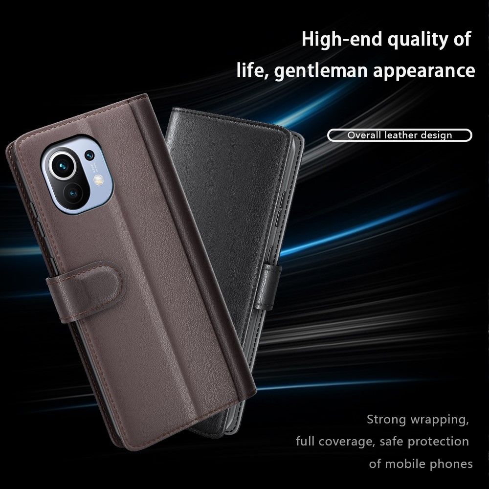 Genuine Leather Phone Wallet Stand Case Shell for Xiaomi Mi 11 - Brown-2