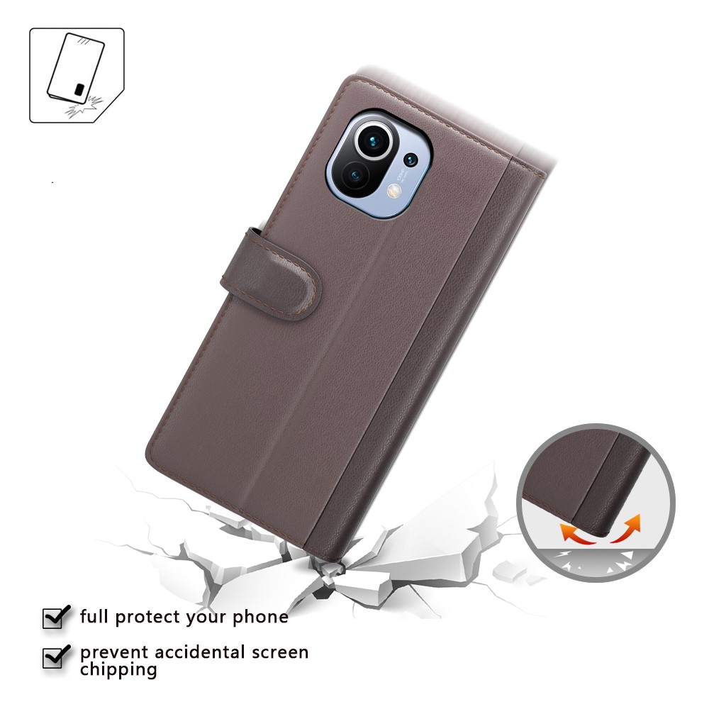 Genuine Leather Phone Wallet Stand Case Shell for Xiaomi Mi 11 - Brown-4