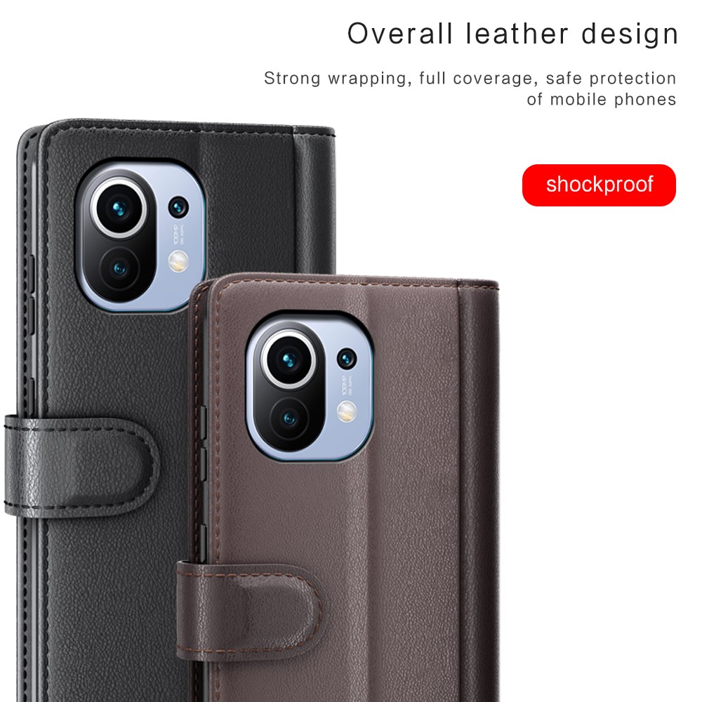 Genuine Leather Phone Wallet Stand Case Shell for Xiaomi Mi 11 - Brown-7