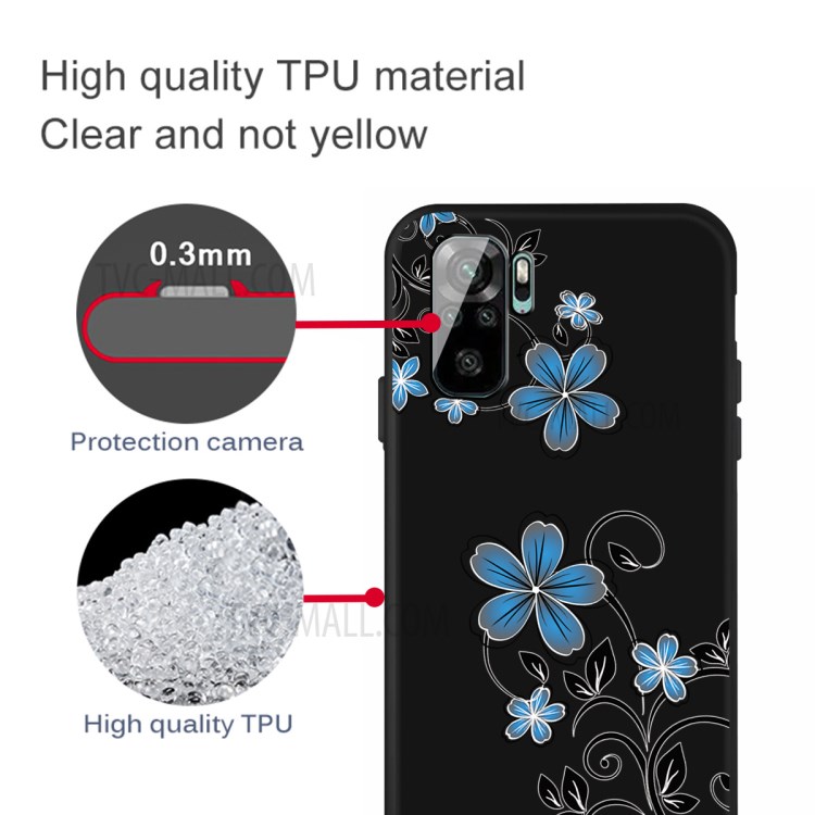 Pattern Printing Black Frosted TPU Case Shell for Xiaomi Redmi Note 10 4G / Redmi Note 10S - Blue Flower-2
