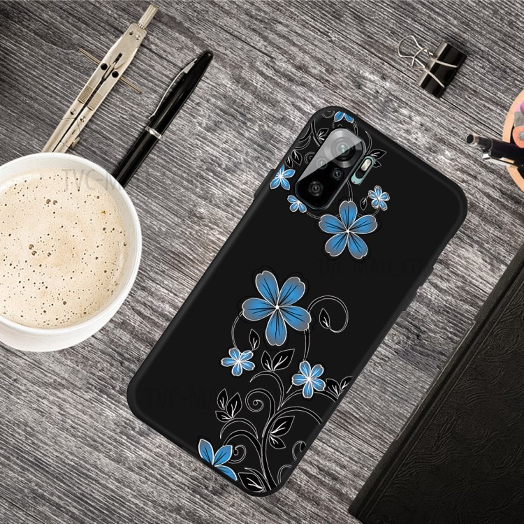 Pattern Printing Black Frosted TPU Case Shell for Xiaomi Redmi Note 10 4G / Redmi Note 10S - Blue Flower-4