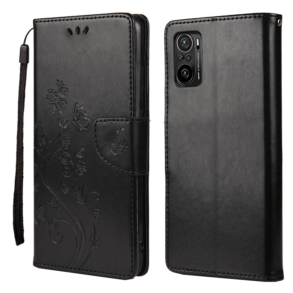 Imprinted Butterflies Flower Leather Wallet Stand Case for Xiaomi Poco F3 / Xiaomi Redmi K40 / K40 Pro - Black-1
