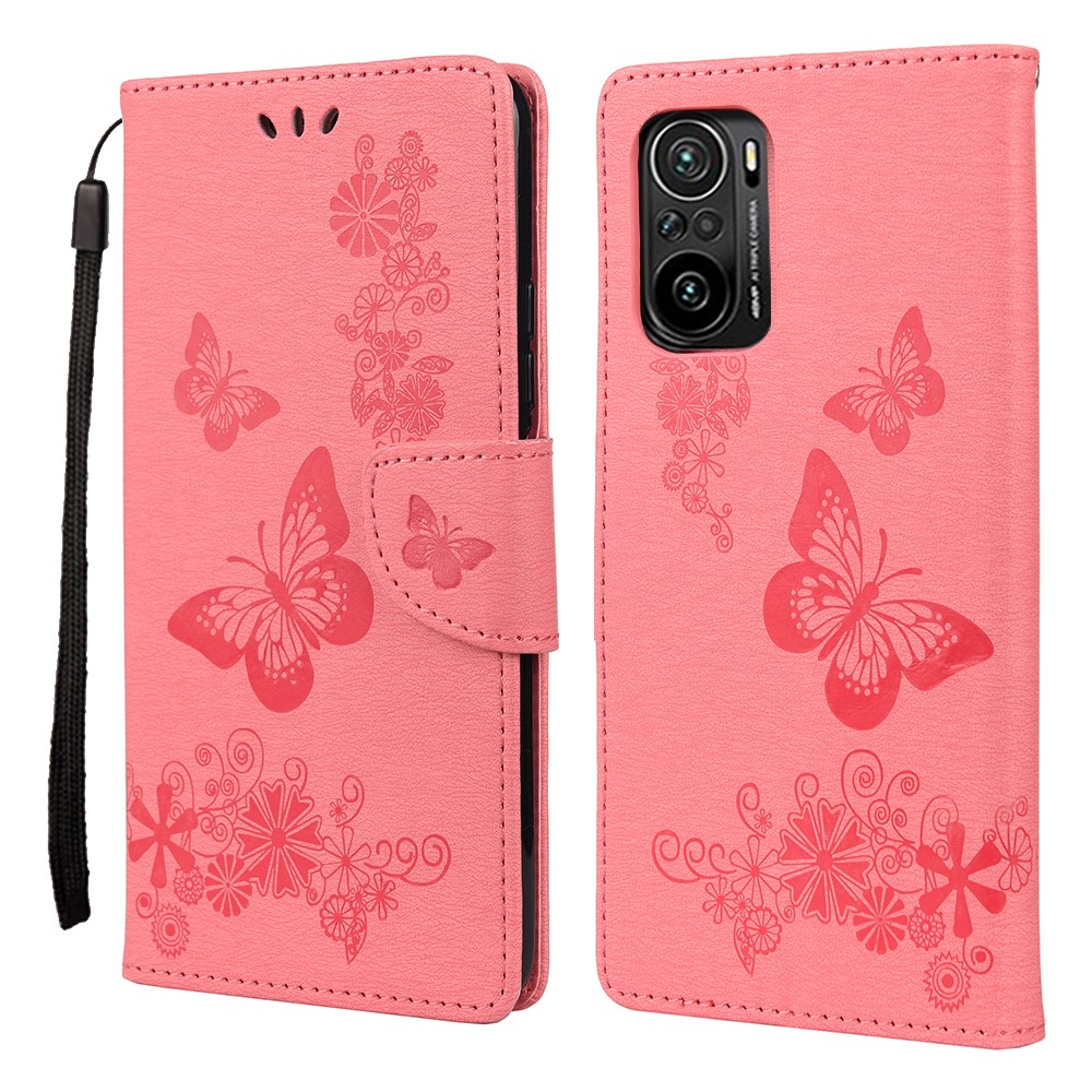 Imprinted Butterflies Flower Leather Wallet Stand Case for Xiaomi Poco F3 / Xiaomi Redmi K40 / K40 Pro - Pink-1