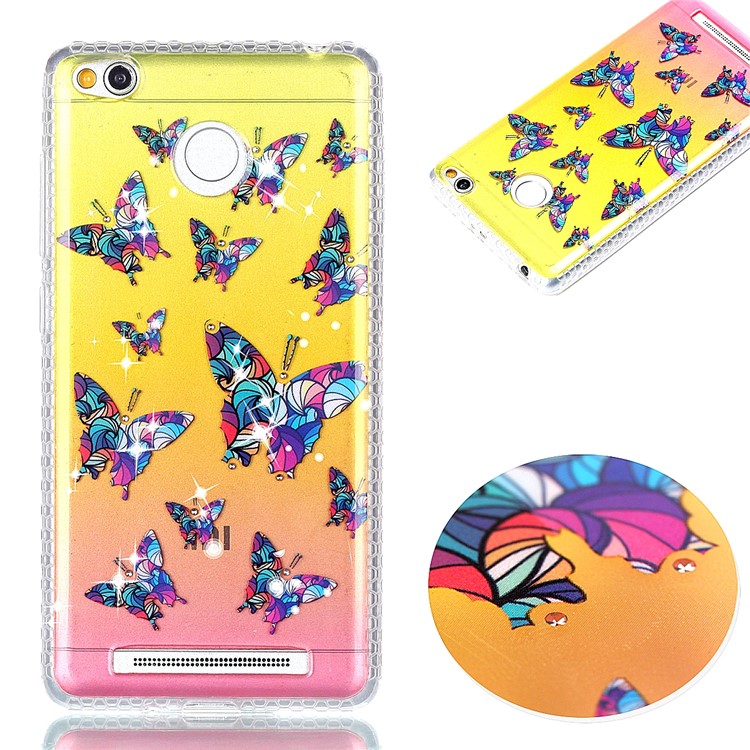 Patterned Inner Rhinestone TPU Case for Xiaomi Redmi 3s - Colorful Butterflies-1