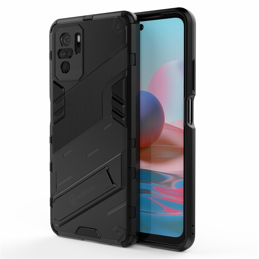 Foldable Kickstand Shockproof PC + TPU Hybrid Phone Case for Xiaomi Redmi Note 10S / Note 10 4G - Black-1