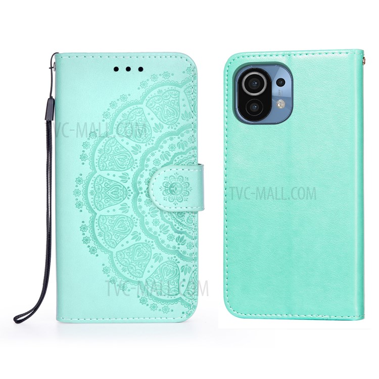 Imprint Mandala Flower Leather Wallet Phone Case for Xiaomi Mi 11 - Green-1