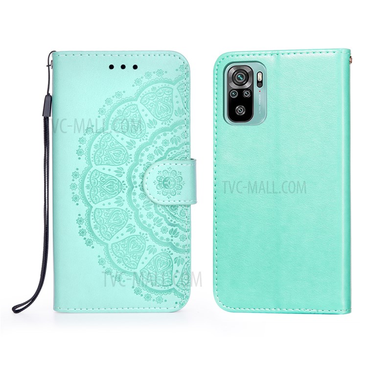 Imprint Mandala Flower Leather Wallet Shell for Xiaomi Redmi Note 10 4G/Redmi Note 10S - Green-1