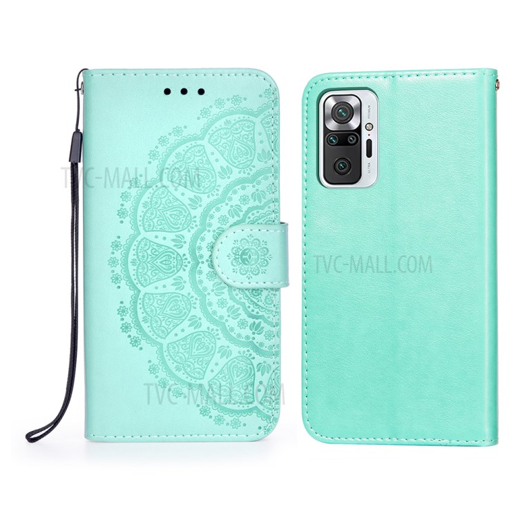 Imprint Mandala Flower Leather Wallet Shell Case for Xiaomi Redmi Note 10 Pro - Green-1
