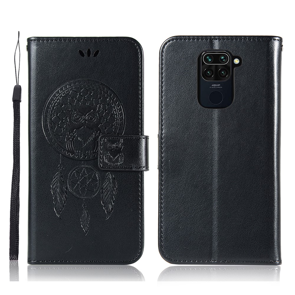 Imprinted Dream Catcher Owl Wallet Leather Case for Xiaomi Redmi 10X 4G/Redmi Note 9 (MTK Helio G85) - Black-1