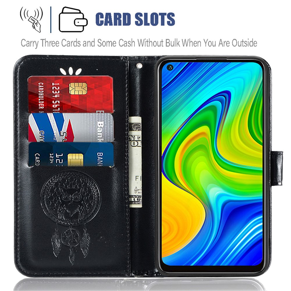 Imprinted Dream Catcher Owl Wallet Leather Case for Xiaomi Redmi 10X 4G/Redmi Note 9 (MTK Helio G85) - Black-4
