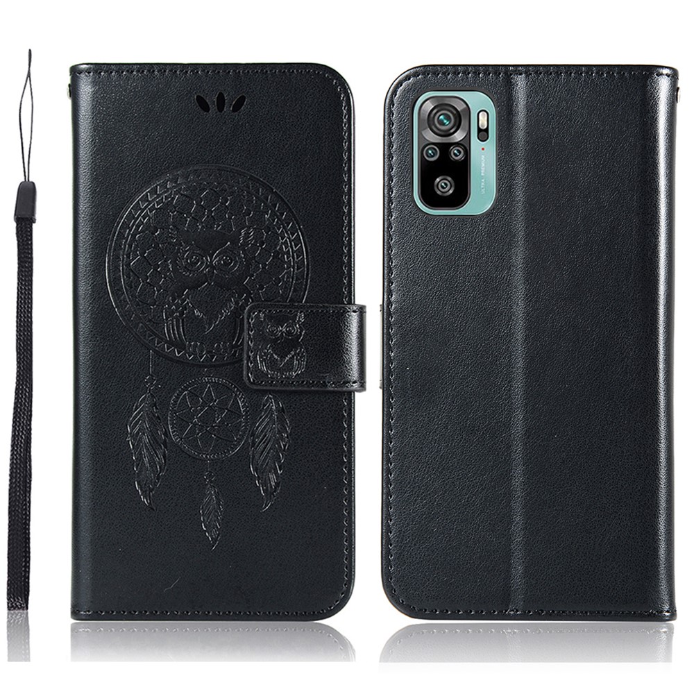 Imprinted Dream Catcher Owl Leather Wallet Case for Xiaomi Redmi Note 10 4G / Note 10S - Black-1