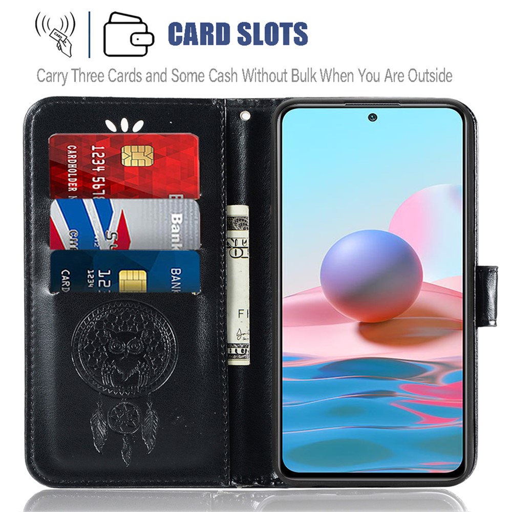 Imprinted Dream Catcher Owl Leather Wallet Case for Xiaomi Redmi Note 10 4G / Note 10S - Black-4