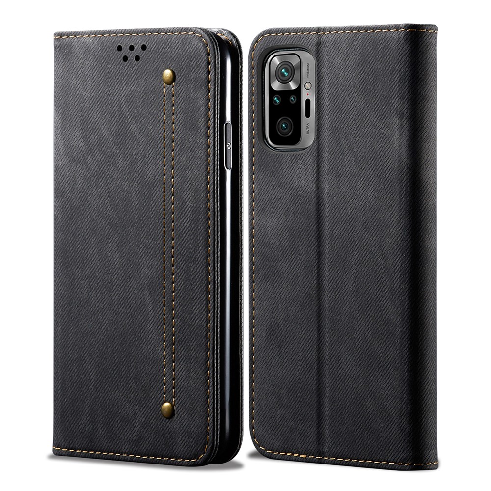 Vintage Style Wallet Stand Jeans Textura Textura de Cuero Cover Para Xiaomi Redmi Note 10 Pro / Nota 10 Pro (India) / Nota 10 Pro Max - Negro