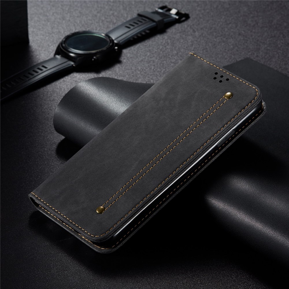 Vintage Style Wallet Stand Jeans Textura Textura de Cuero Cover Para Xiaomi Redmi Note 10 Pro / Nota 10 Pro (India) / Nota 10 Pro Max - Negro