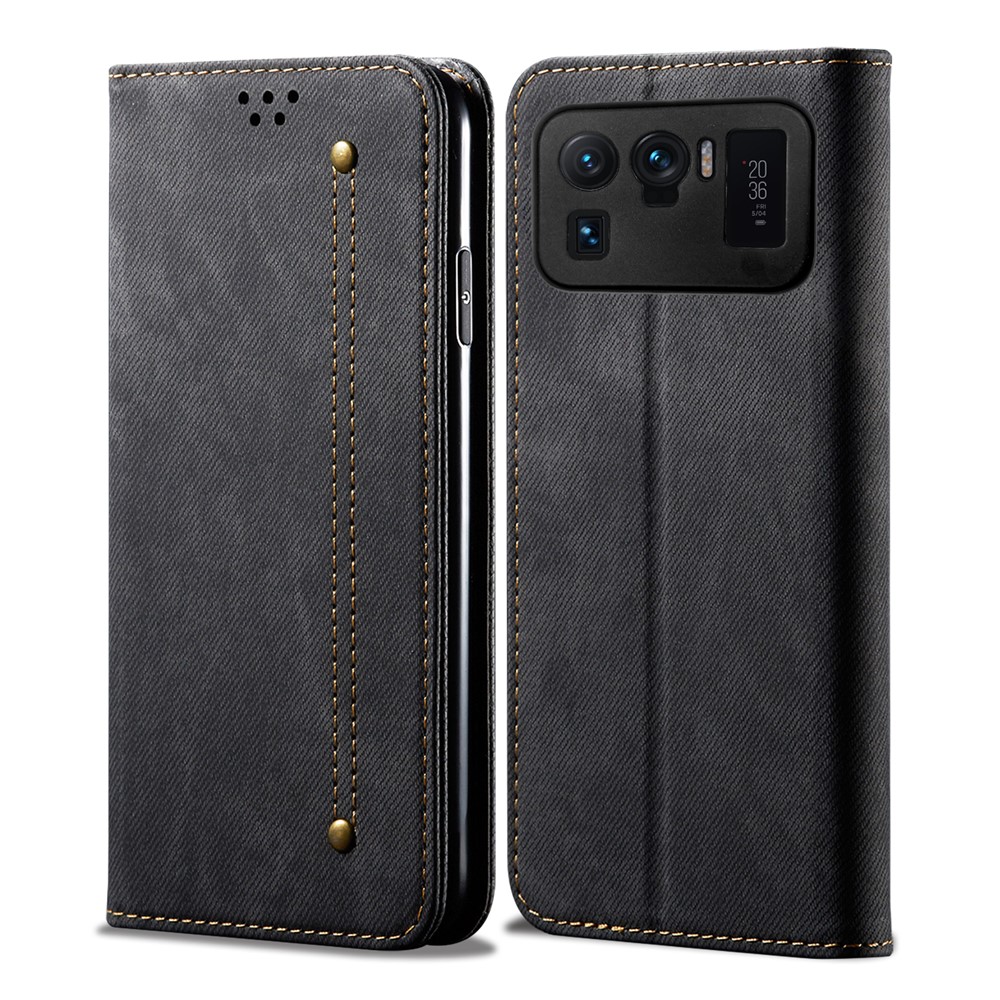 Retro Style Jeans Cloth Leather Wallet Stand Case for Xiaomi Mi 11 Ultra - Black-1