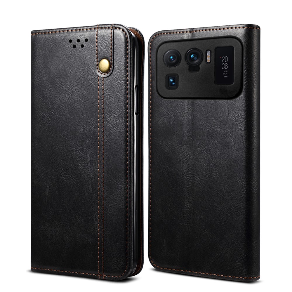 Retro Style Crazy Horse Leather Wallet Stand Case for Xiaomi Mi 11 Ultra - Black-1