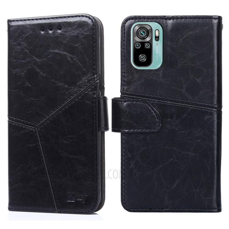Splicing Geometric Pattern Leather Protection Case Wallet for Xiaomi Redmi Note 10S / Note 10 4G - Black-1