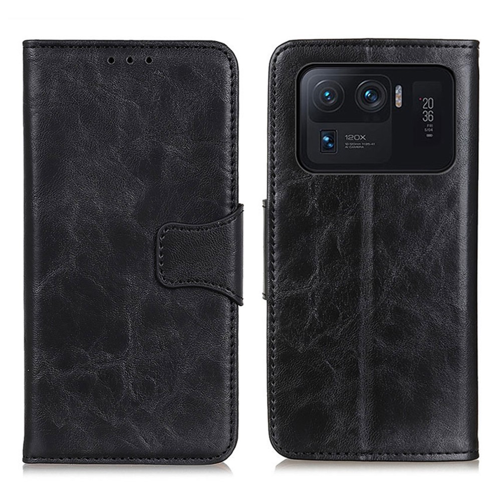 Crazy Horse Leather Wallet Stand Case for Xiaomi Mi 11 Ultra - Black-1