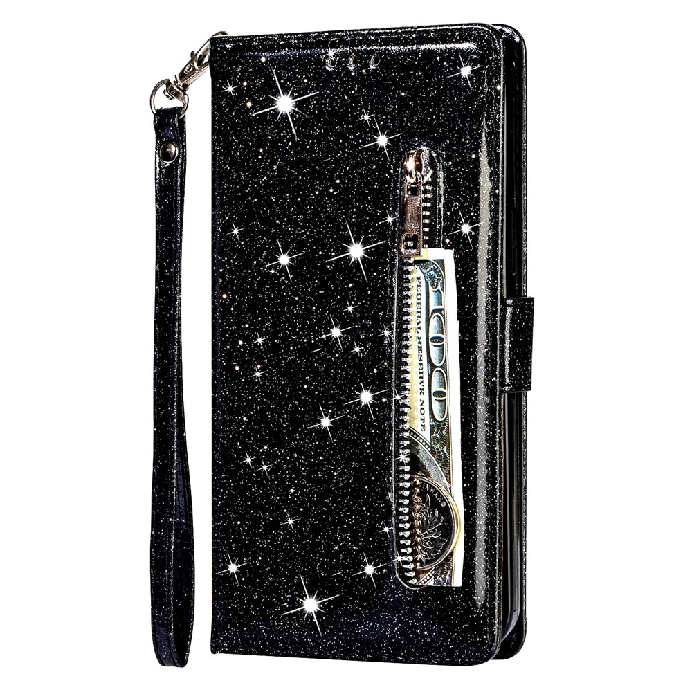 Glitter Sequins Zipper Pocket Wallet Flip Leather Phone Case with Strap for Xiaomi Redmi Note 10 Pro/Note 10 Pro Max - Black-2