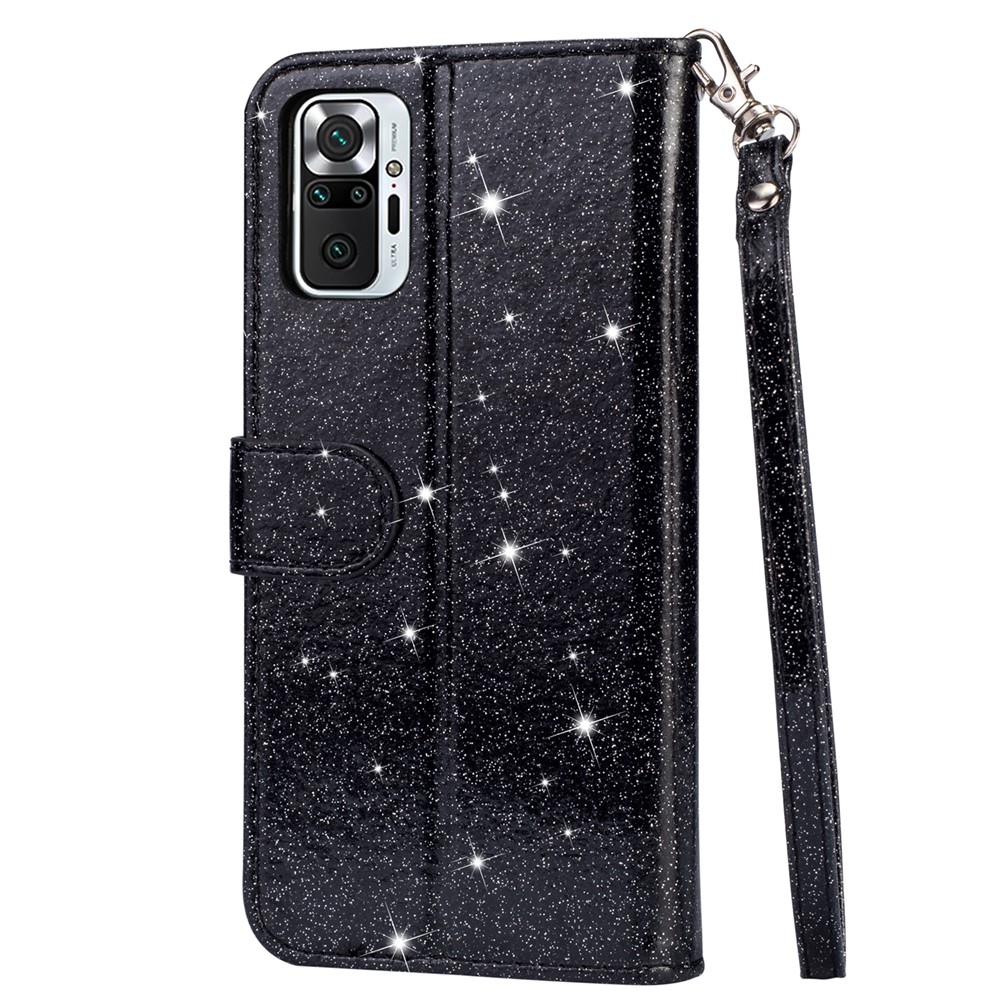Glitter Sequins Zipper Pocket Wallet Flip Leather Phone Case with Strap for Xiaomi Redmi Note 10 Pro/Note 10 Pro Max - Black-3