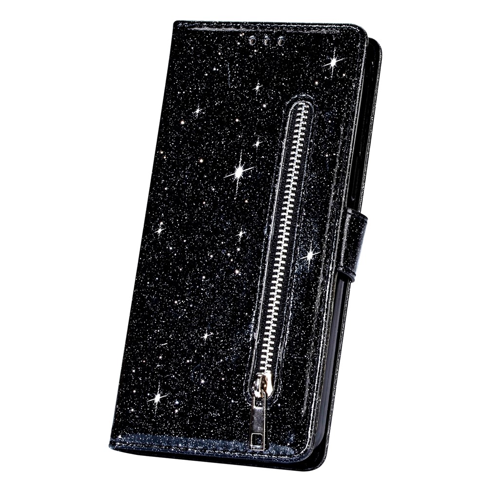 Glitter Sequins Zipper Pocket Wallet Flip Leather Phone Case with Strap for Xiaomi Redmi Note 10 Pro/Note 10 Pro Max - Black-6