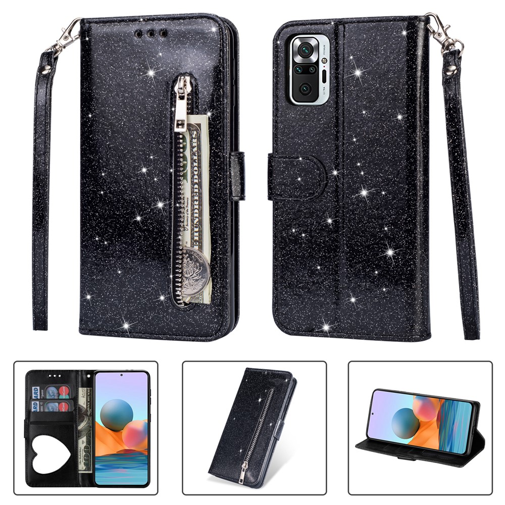 Glitter Sequins Zipper Pocket Wallet Flip Leather Phone Case with Strap for Xiaomi Redmi Note 10 Pro/Note 10 Pro Max - Black-7