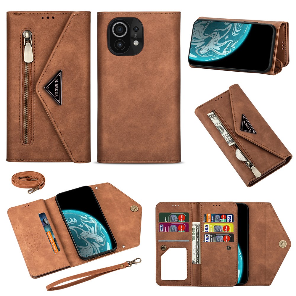 Leather Zipper Wallet Phone Case with Strap for Xiaomi Mi 11 - Brown-12