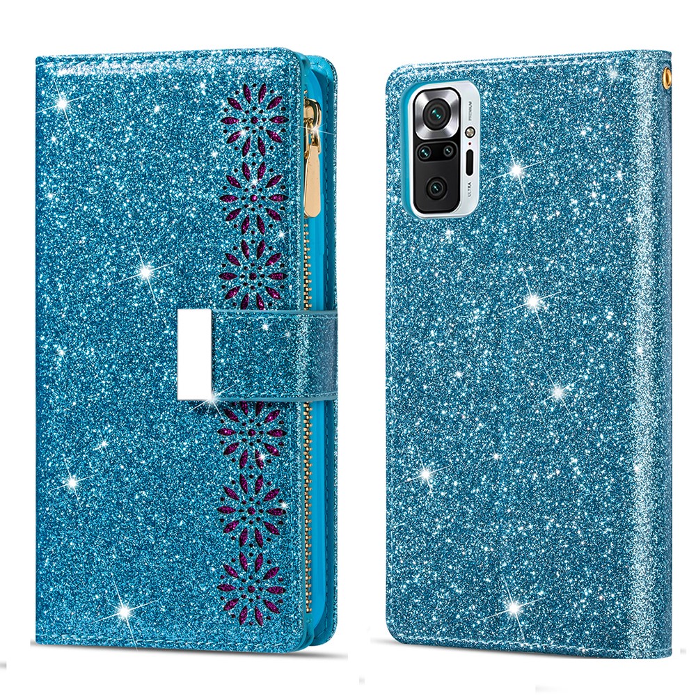 Glittery Starry Style Laser Carving Zipper Wallet Stand Leather Case for Xiaomi Redmi Note 10 Pro - Blue-1