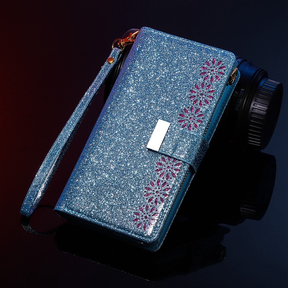 Glittery Starry Style Laser Carving Zipper Wallet Stand Leather Case for Xiaomi Redmi Note 10 Pro - Blue-10