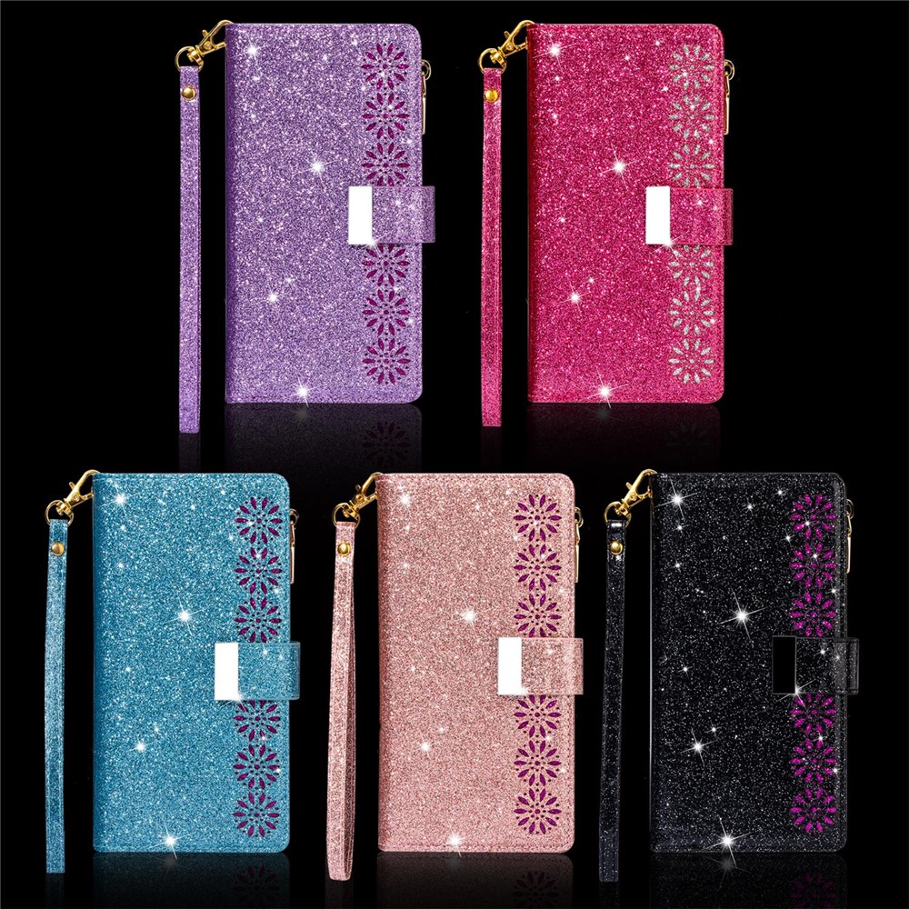 Glittery Starry Style Laser Carving Zipper Wallet Stand Leather Case for Xiaomi Redmi Note 10 Pro - Blue-11