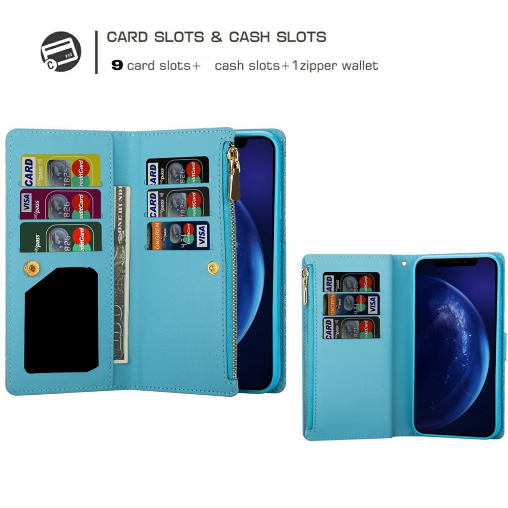 Glittery Starry Style Laser Carving Zipper Wallet Stand Leather Case for Xiaomi Redmi Note 10 Pro - Blue-2